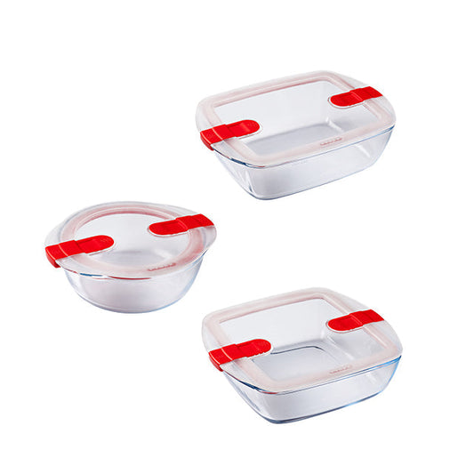 Set of 3 glass storage dishes with steam valve lid - Cook & Heat