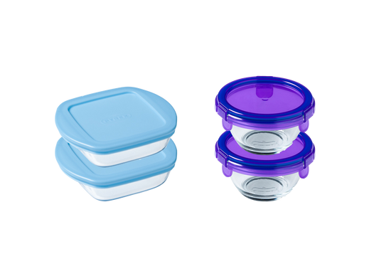 Set of 4 special baby glass storage jars - 2 square to store + 2 round to take away - My First Pyrex+ and My First Pyrex+