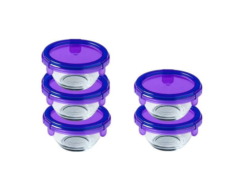 Set of 5 glass baby storage jars with waterproof navy blue purple lid - My First Pyrex+